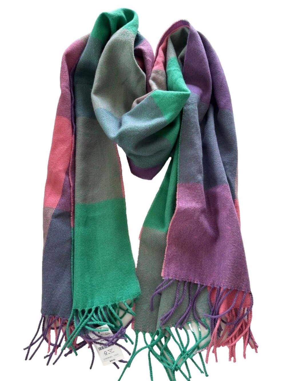 J Crew Pink Purple Plaid Fringe Rectangle Scarf Oversized Winter Cozy
